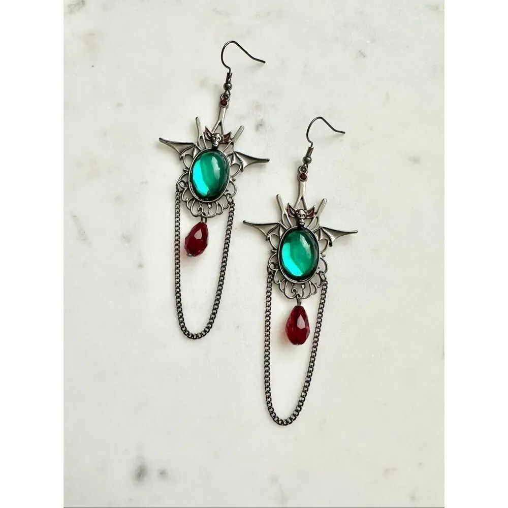 Vampire green and red bat dangle Halloween earrings